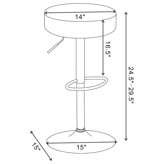 Bar stool size diagram: 14" seat diameter, 16.5–29.5" height, 15" base.