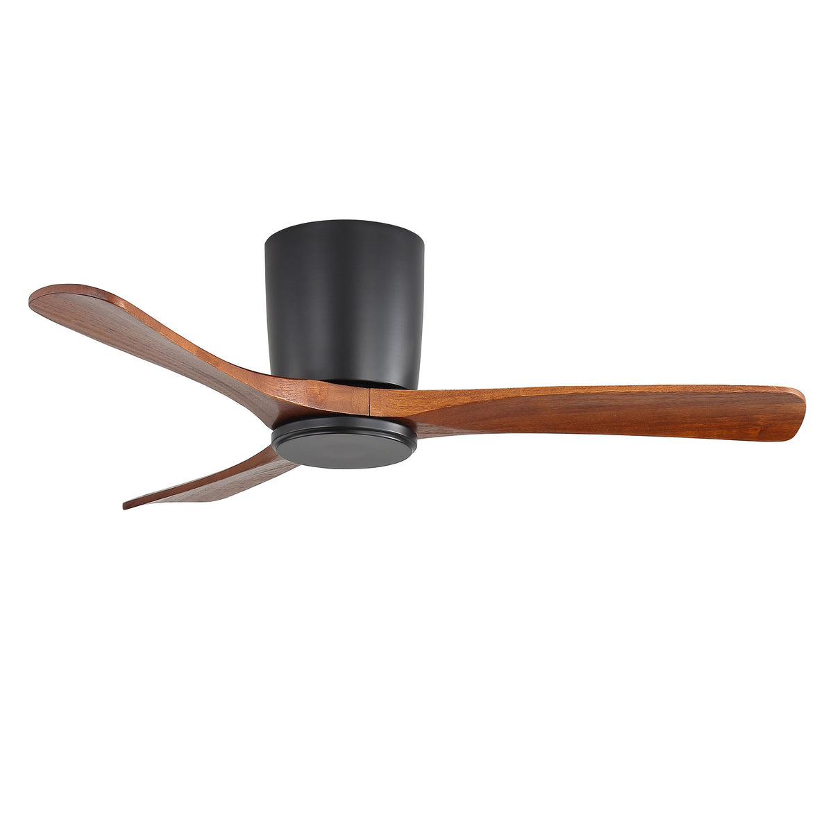 Ceiling fan with dark wood 3 blades and black flush-mounted motor