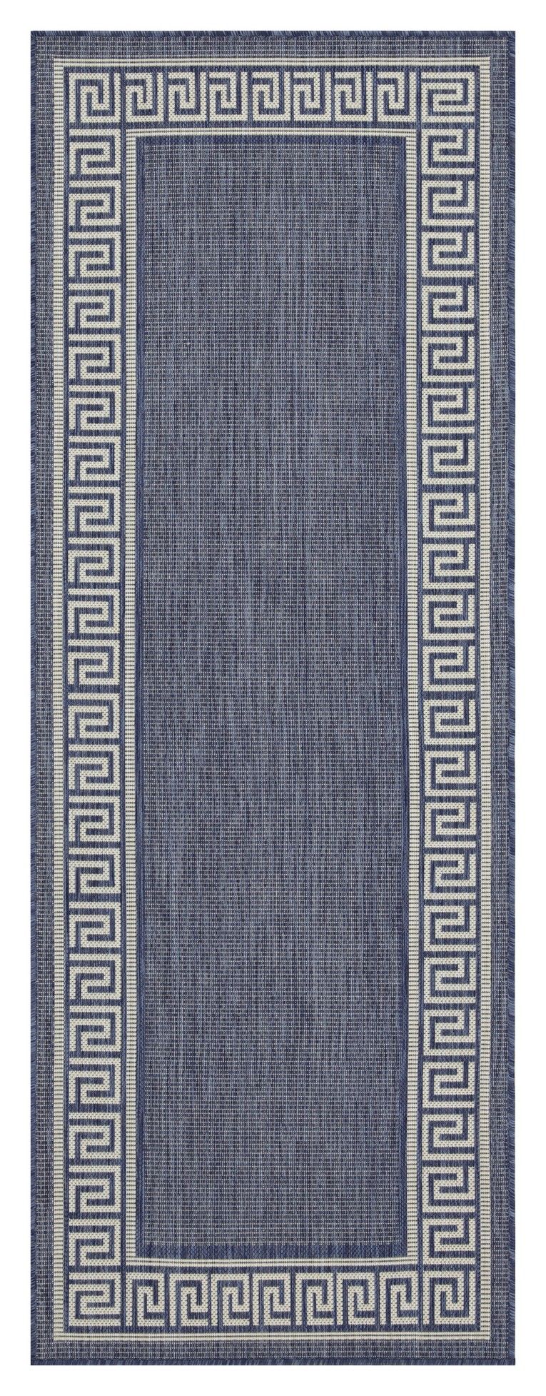 Indoor/outdoor area rug in blue with dark Greek key border and solid blue center