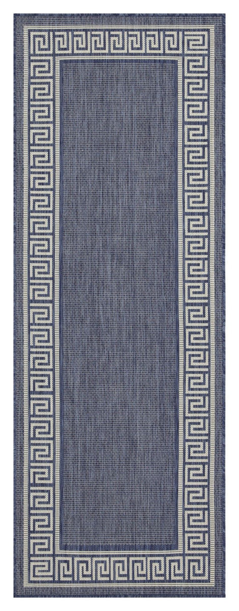 Rectangular area rug with dark border Greek key frame and gray center panel.