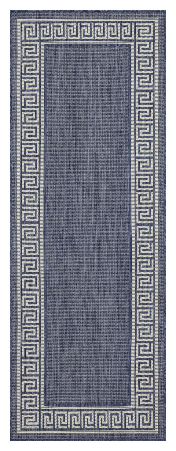 Rectangular area rug with dark border Greek key frame and gray center panel.