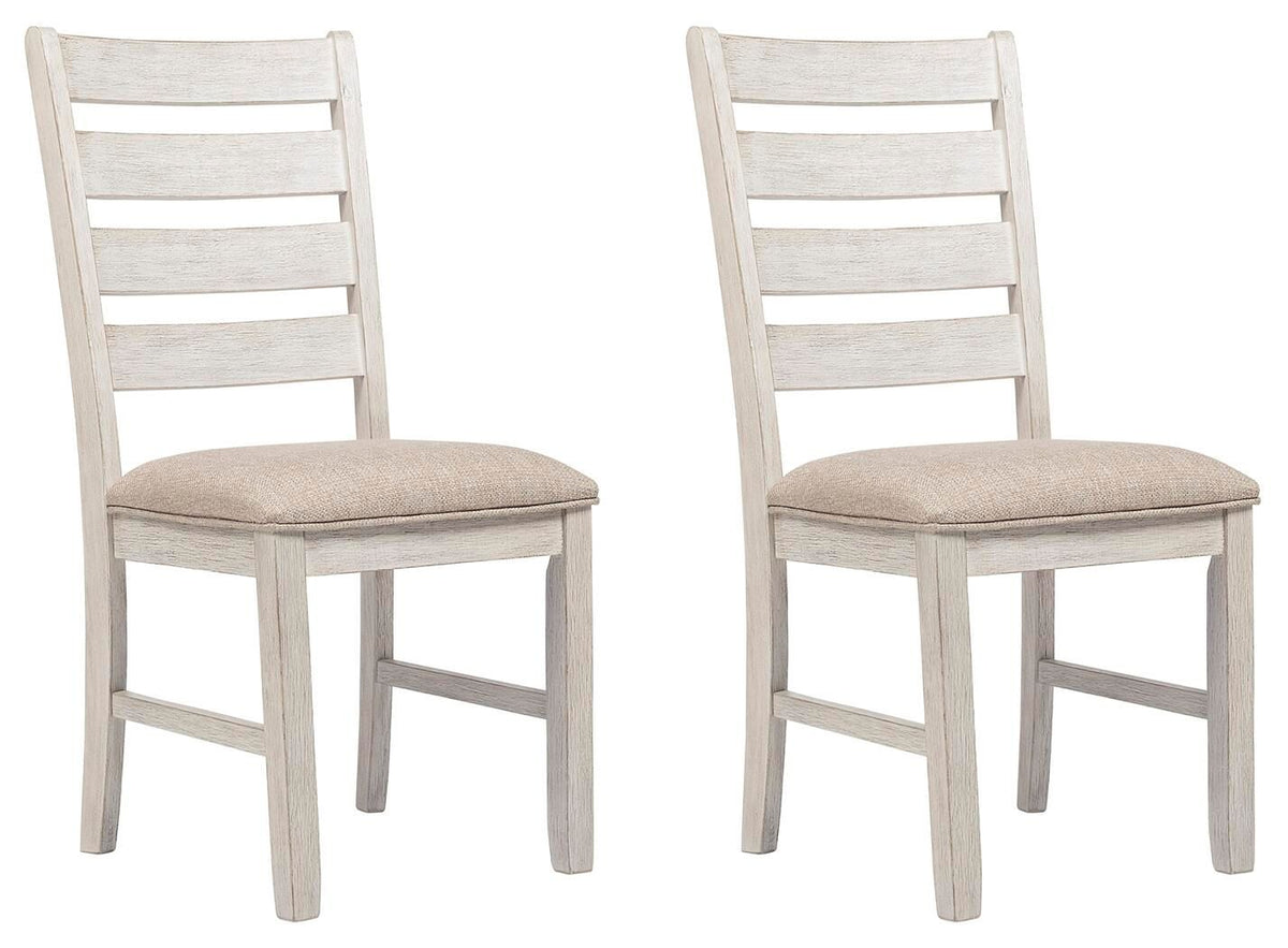 Pair of white dining side chairs with slatted backs and beige upholstered seats