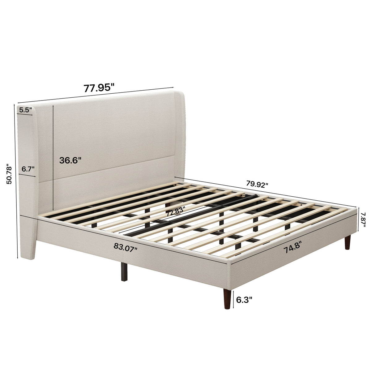 Beige upholstered bed frame with slatted base and labeled dimensions
