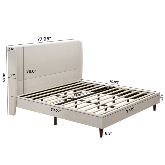 Beige upholstered bed frame with slatted base and labeled dimensions