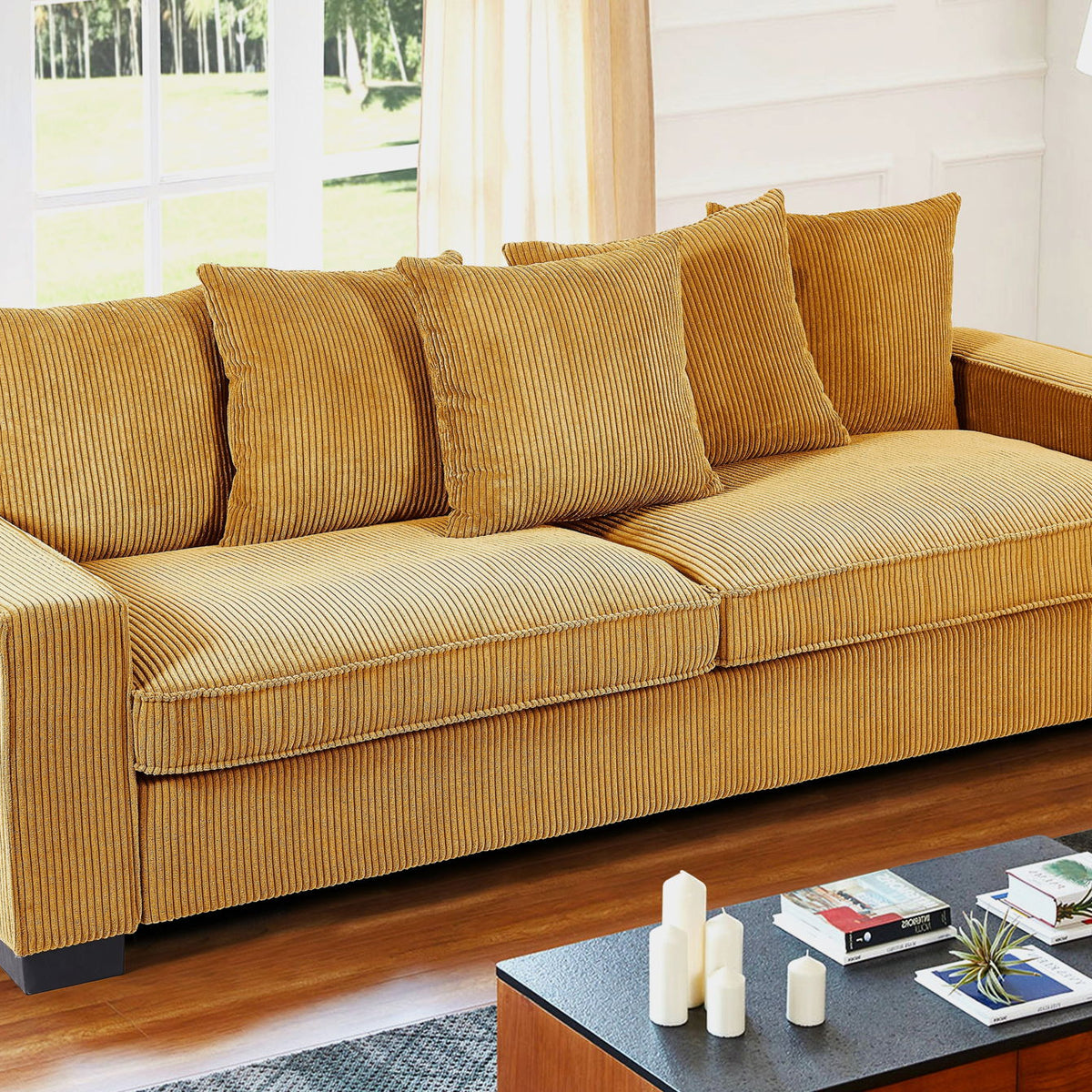 Luxe Corduroy Sofa With 5 Matching Toss Pillows, Sleek Design, Spacious And Comfortable 3 Seater Couch