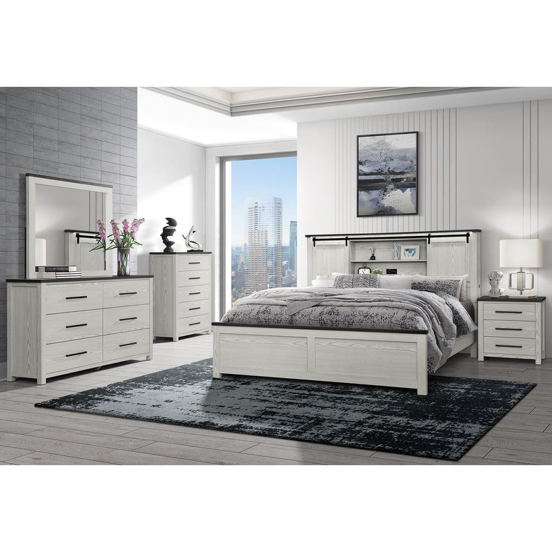 King bedroom set: bookcase headboard bed with storage, plus matching dresser and nightstands