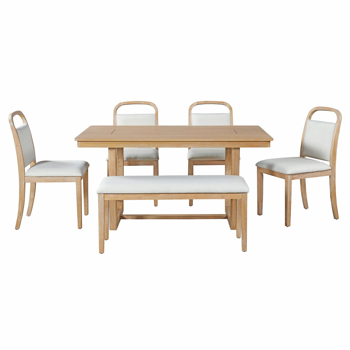 Light wood dining table with 4 upholstered chairs and matching bench