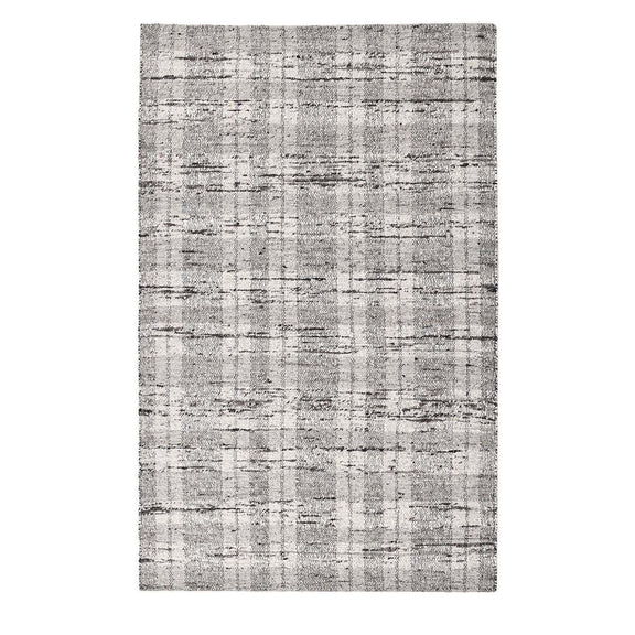 Light gray and cream area rug with abstract distressed grid pattern and subtle tonal detailing