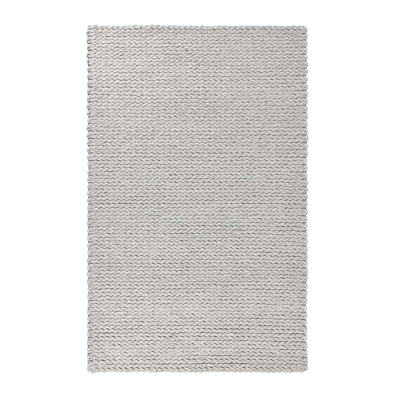 Gray wool area rug with dense woven design and short fringe around edges