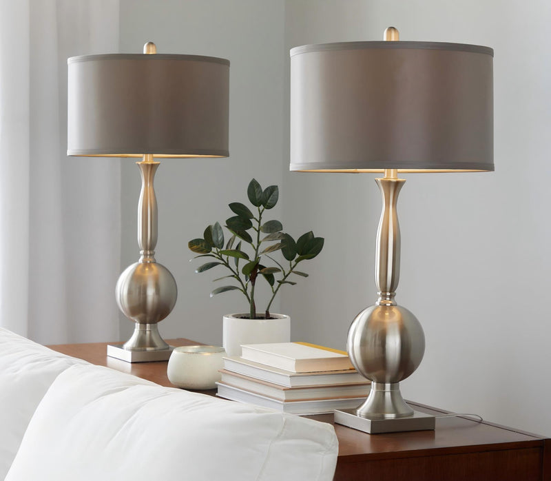 Set of 2 contemporary table lamps with gray drum shades and nickel bases on nightstand