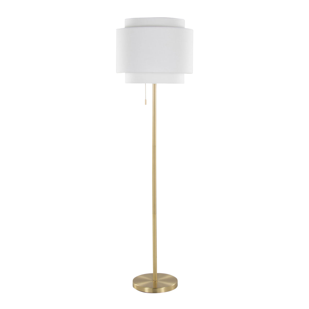 Gold-tone contemporary floor lamp with white fabric drum shade and round base