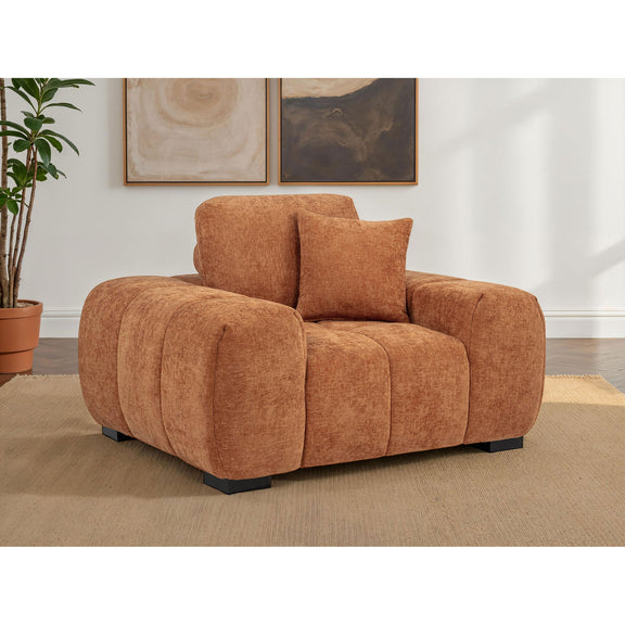 Light brown track arm accent chair in linen upholstery with tall back cushion