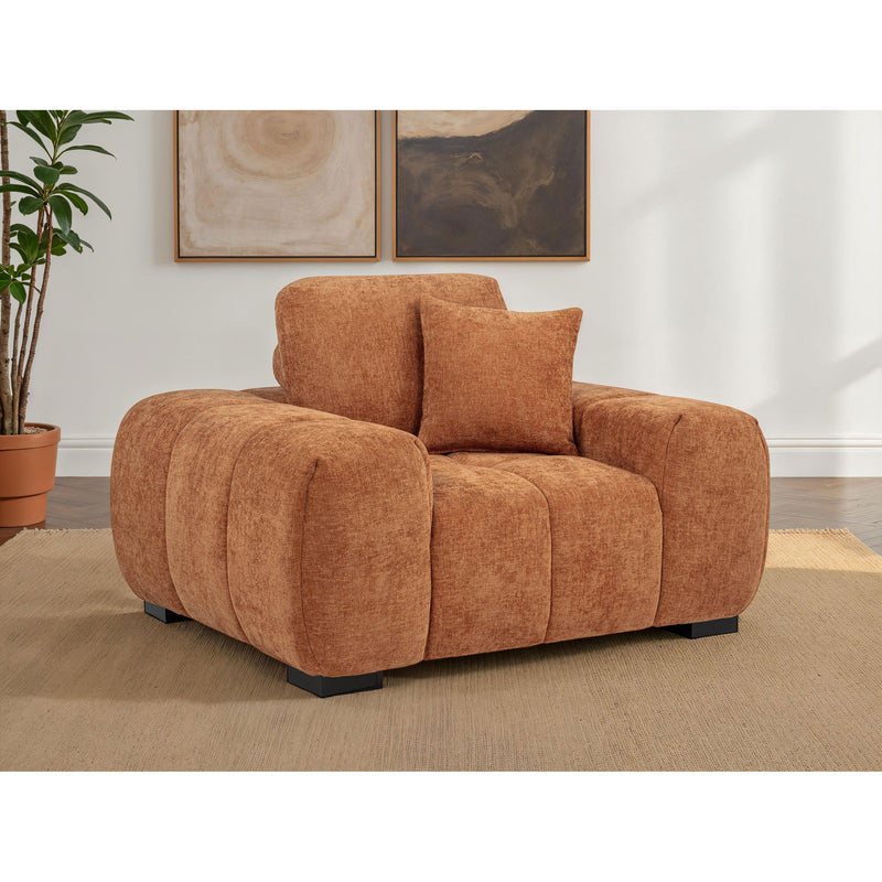 Light brown track arm accent chair in linen upholstery with tall back cushion
