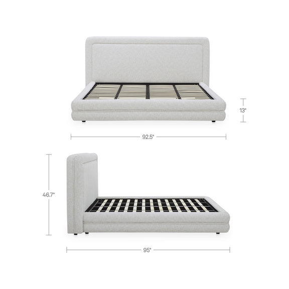 King bed frame with tall padded headboard and slat-support platform, light gray