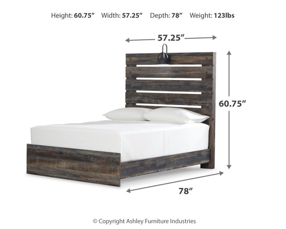 Drystan panel bed side view with dark wood platform base and slatted headboard