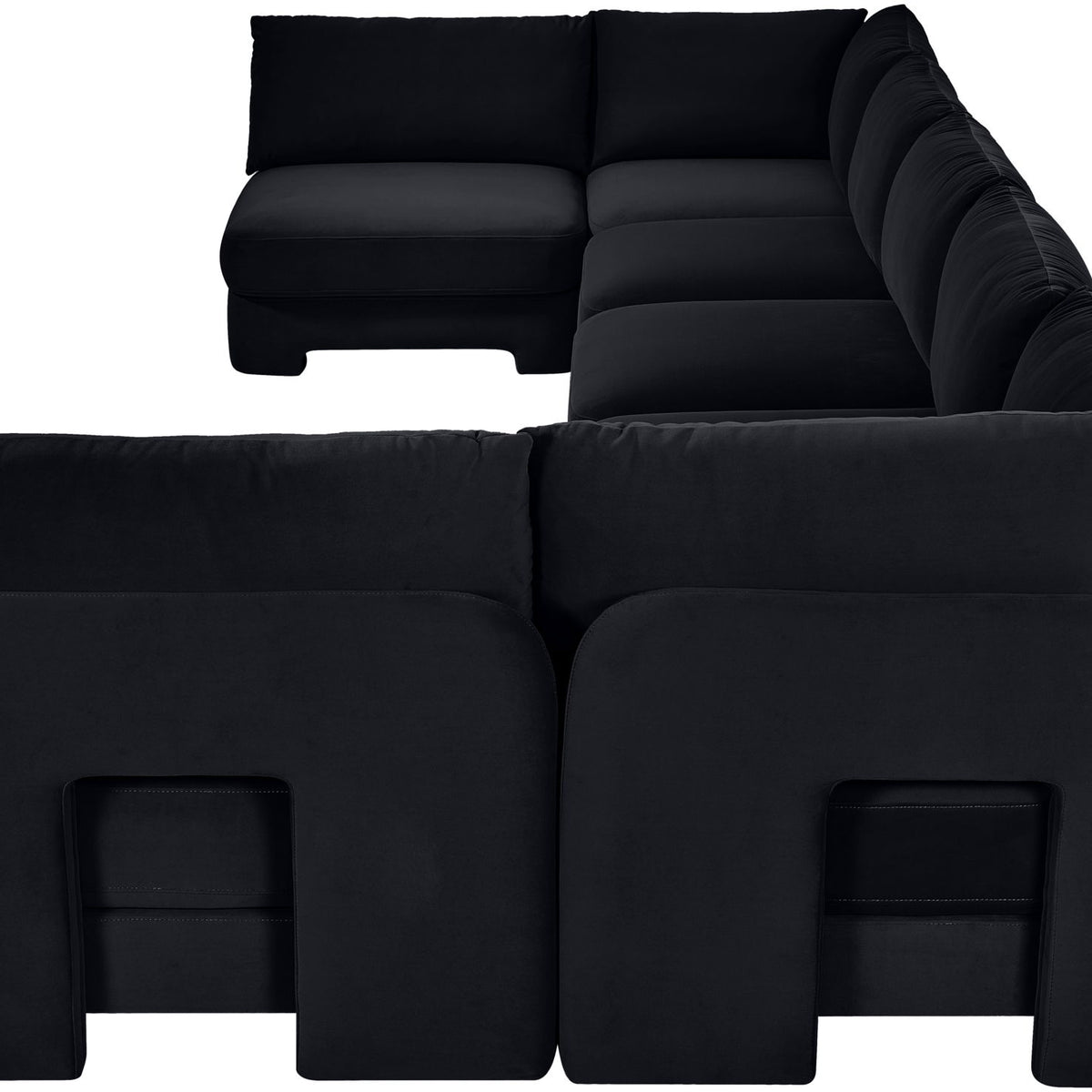 Black velvet armless U-shaped sectional sofa, 7-piece set