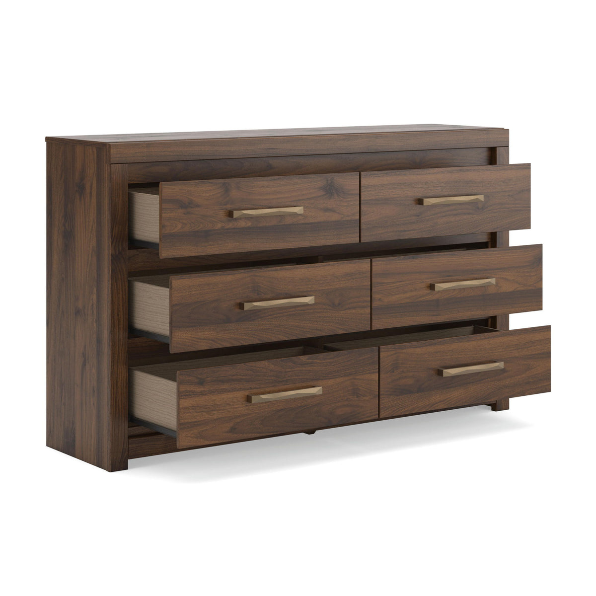 Light brown wood six-drawer dresser, side view with stacked drawers and bar handles
