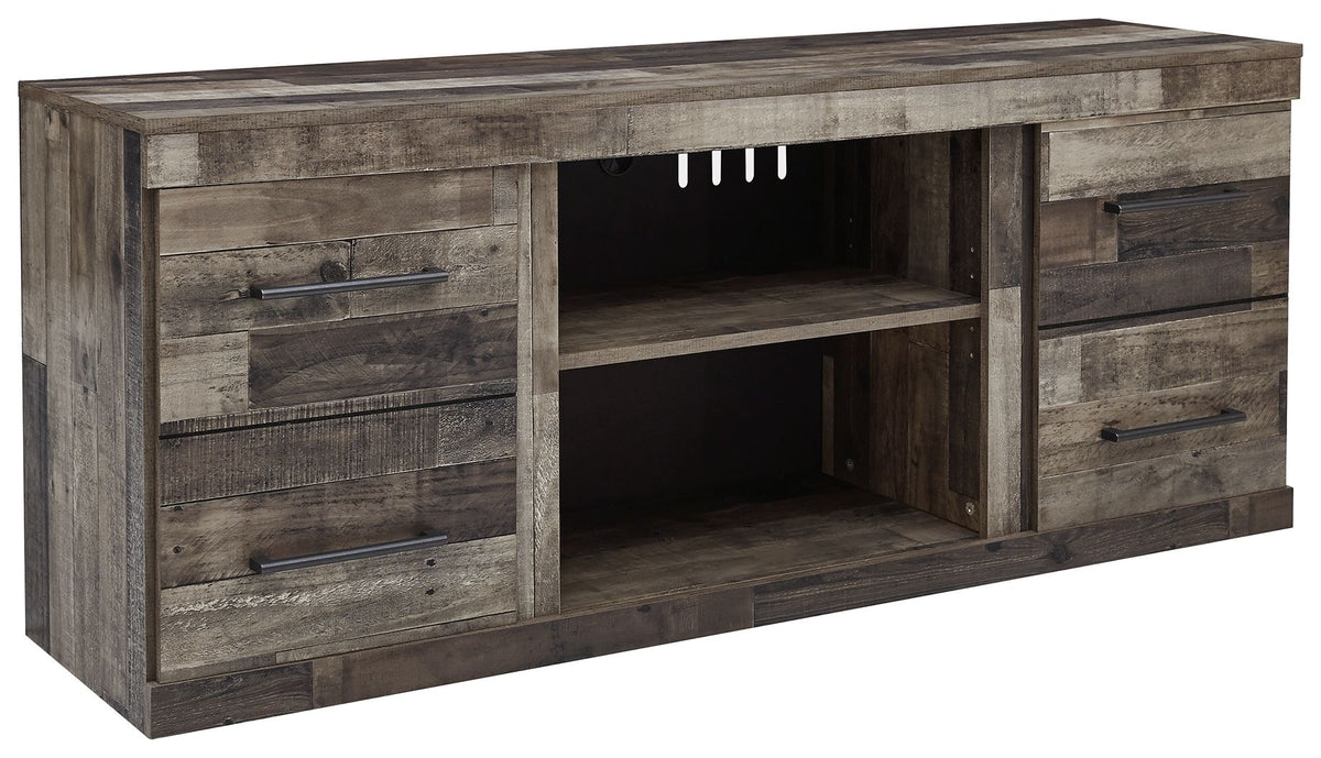 Multi-gray TV stand with two doors, two drawers, and open center shelf