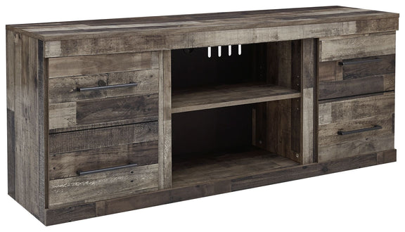 Multi-gray TV stand with two doors, two drawers, and open center shelf