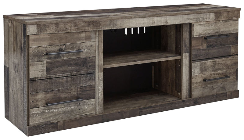 Multi-gray TV stand with two doors, two drawers, and open center shelf