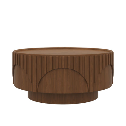 Round Fluted Drum Coffee Table With Sturdy Base For Living Room