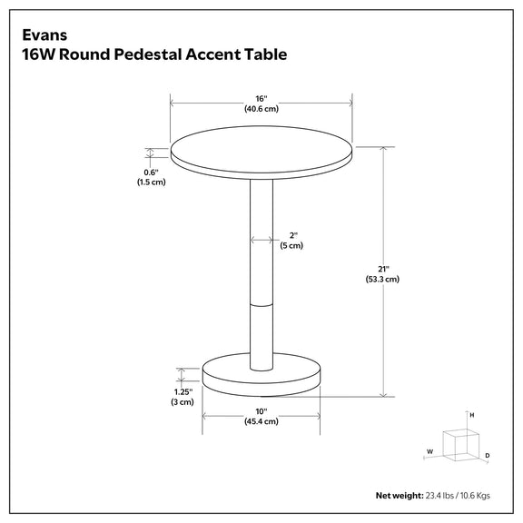 Round pedestal side table with a white top, 16-inch diameter, and 21-inch height.