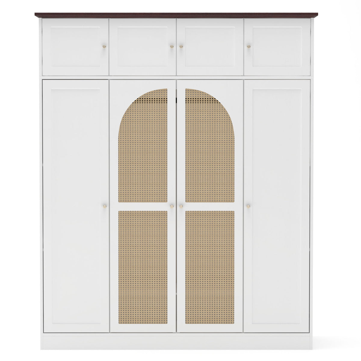 White armoire wardrobe with 4 top drawers and 2 arched rattan door panels