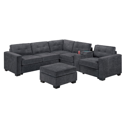 Dark gray sectional sofa set with corner wedge and ottoman, tufted back cushions