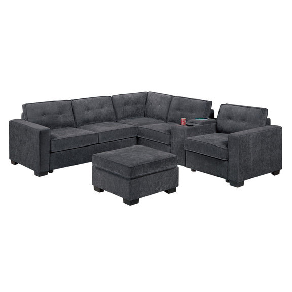 Dark gray sectional sofa set with corner wedge and ottoman, tufted back cushions
