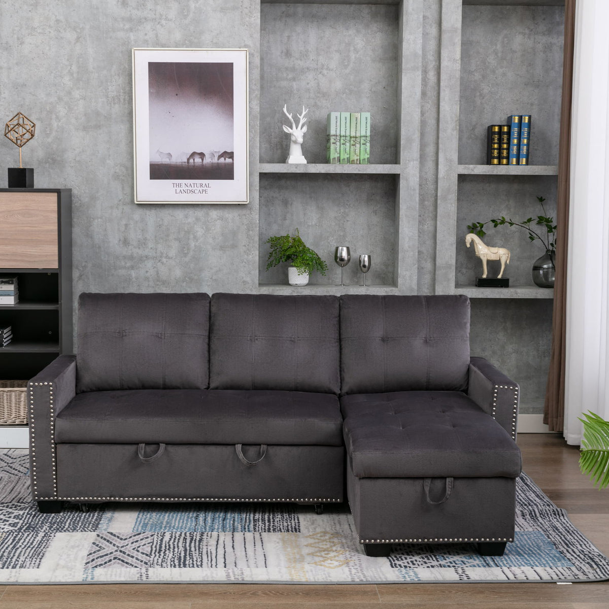 Reversible Sectional Storage Sleeper Sofa Bed, L-Shape 2 Seat Sectional Chaise With Storage, Skin-Feeling Velvet Fabric