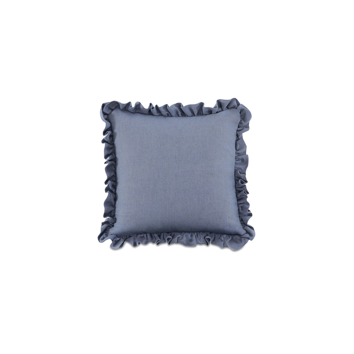 Blue square cushion with ruffled edges on all sides