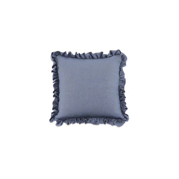 Blue square cushion with ruffled edges on all sides