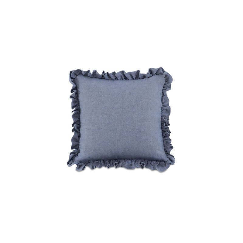 Blue square cushion with ruffled edges on all sides