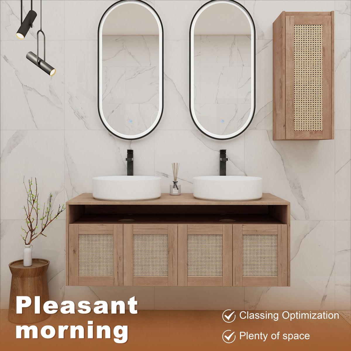 Bathroom vanity with rattan cabinet doors, double white vessel sinks, and side cabinet