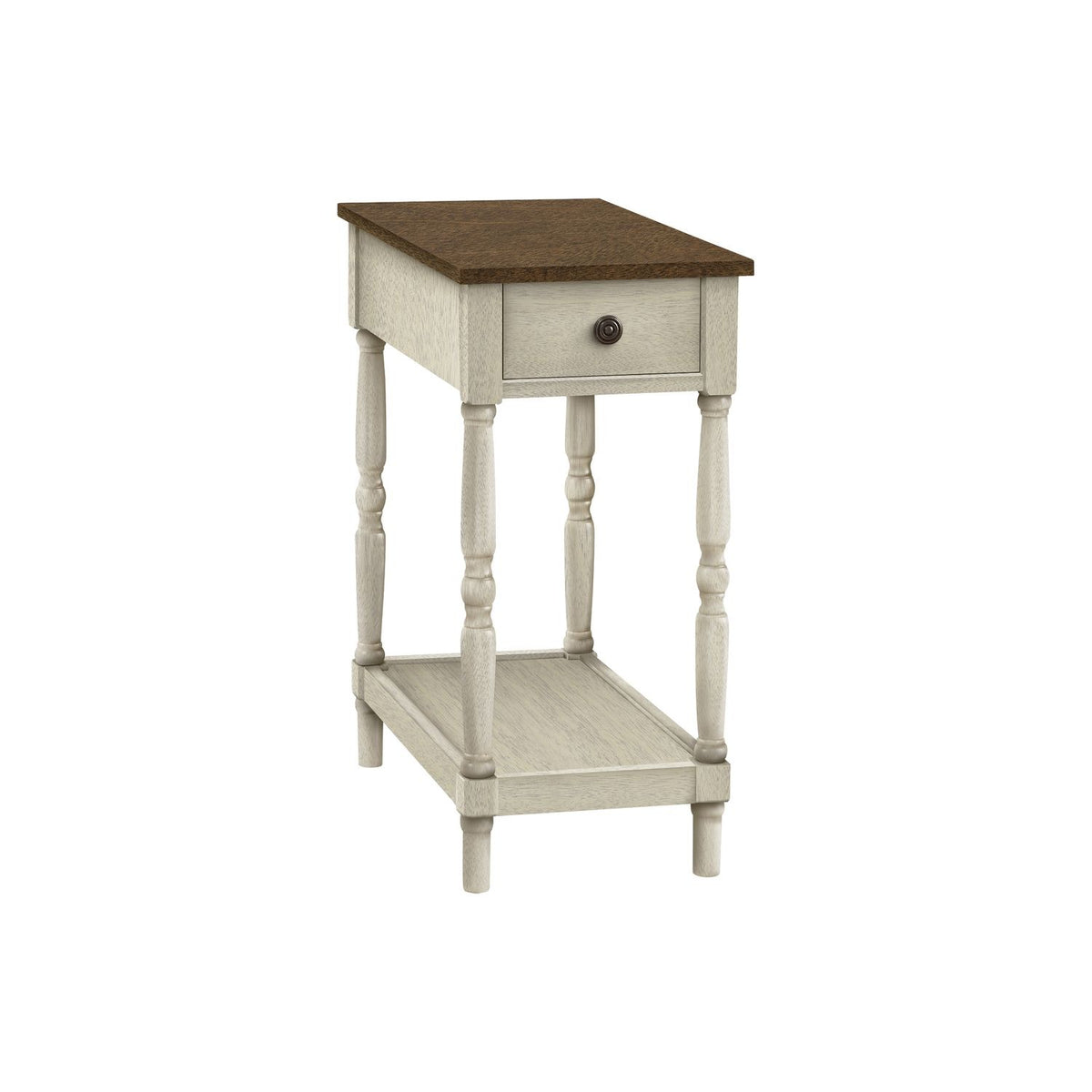 White accent end table with storage drawer, lower shelf, and turned legs