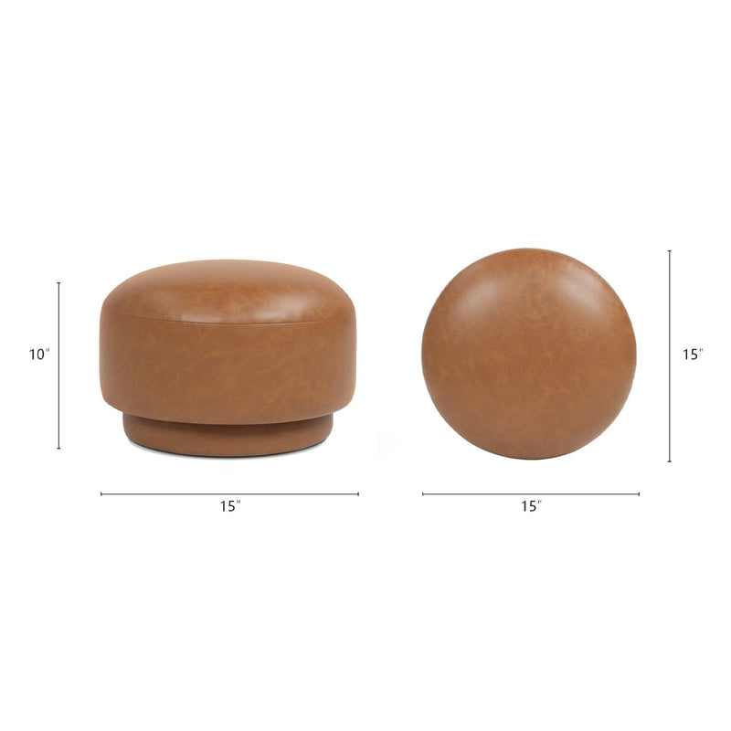 Light brown mushroom ottoman footstool shown with front and side views
