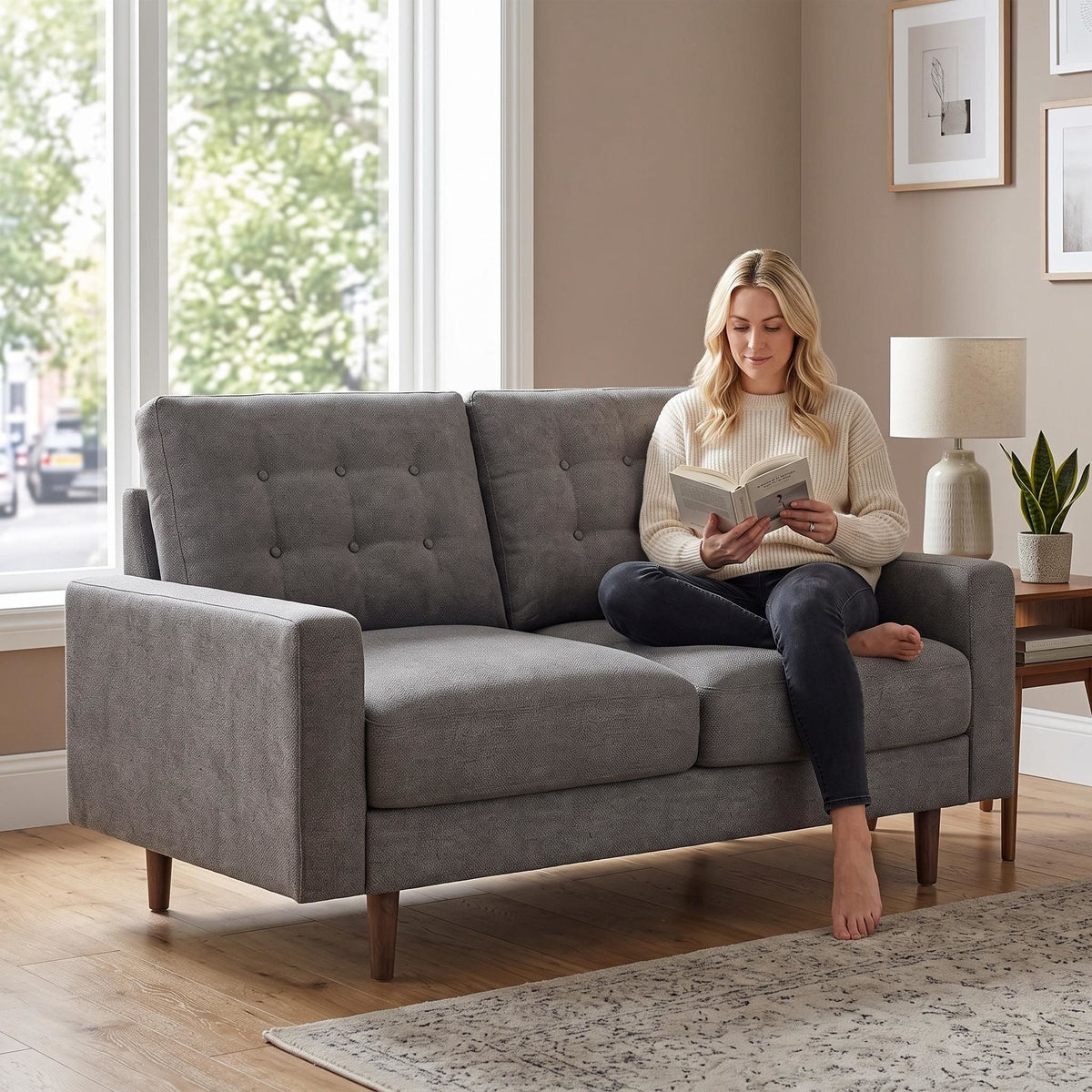 Dark gray tufted two-seat loveseat sofa with a person seated on one cushion
