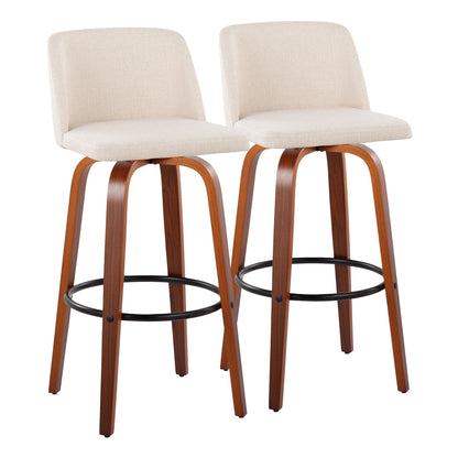 Set of 2 barstools with beige fabric seats, wood legs, round black footrest