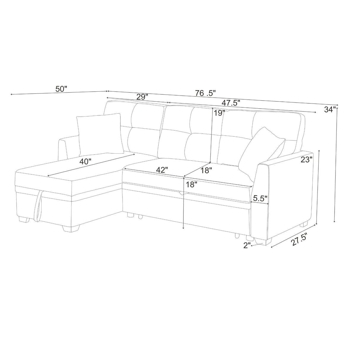 Upholstered sectional sofa layout with pull-out bed and chaise dimensions diagram