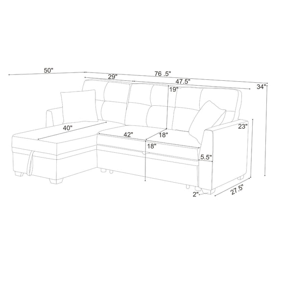 Upholstered sectional sofa layout with pull-out bed and chaise dimensions diagram