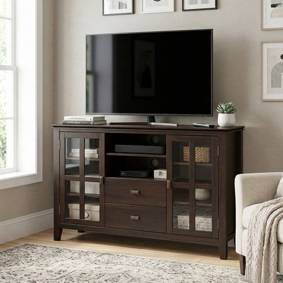 Tall TV media stand in dark chestnut with open shelves and glass-door cabinets
