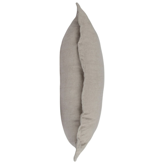 Gray pillow side view showing seam lines and linen-like texture