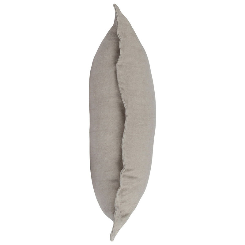Gray pillow side view showing seam lines and linen-like texture