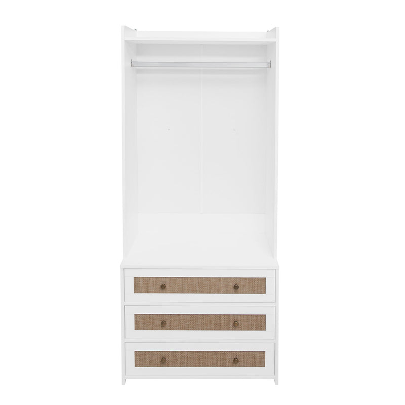 Wardrobe With 3 Drawers High Wardrobe Armoire With Rattan For Living Room Organizer - White