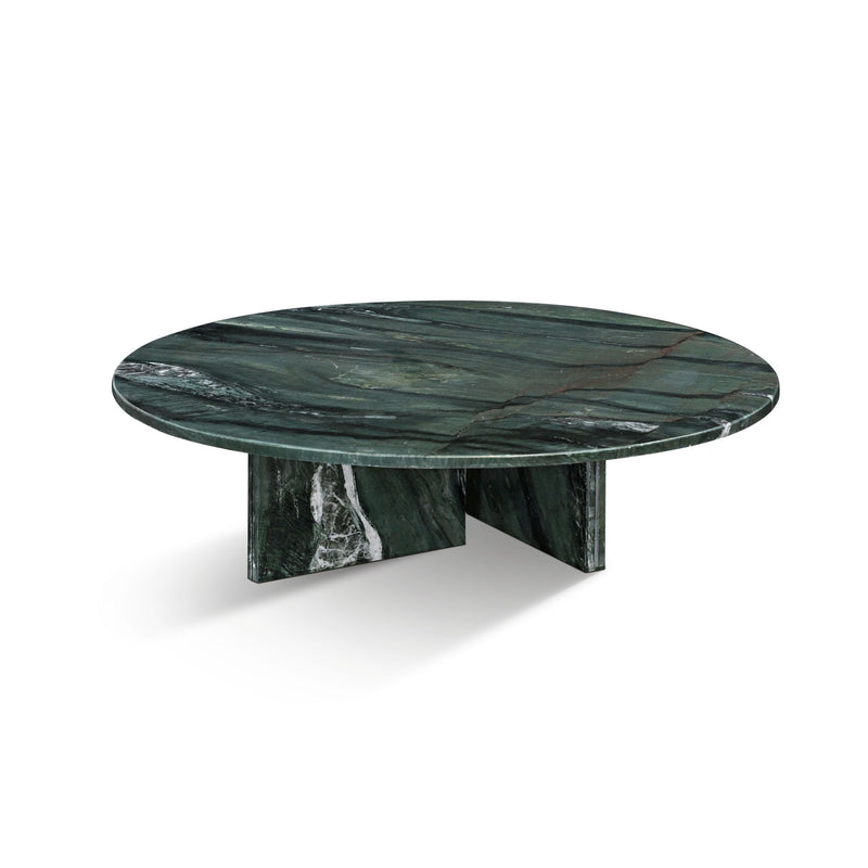 Round dark green stone coffee table with veined tabletop and angled trestle base