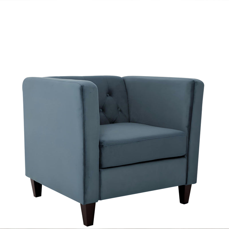 Blue upholstered accent chair with tufted square back and arms, dark wooden legs.