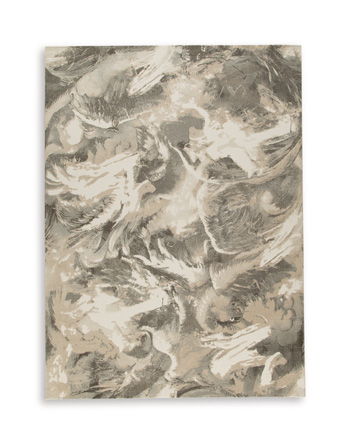 Beige and gray abstract feather-pattern rug, full view