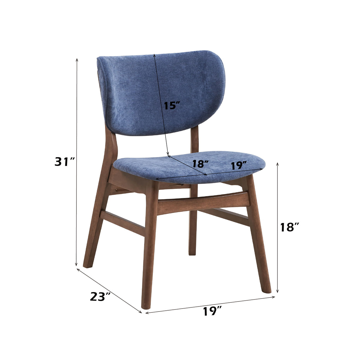 Blue upholstered dining chair with curved back and padded seat, wooden legs