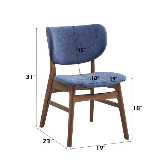Blue upholstered dining chair with curved back and padded seat, wooden legs