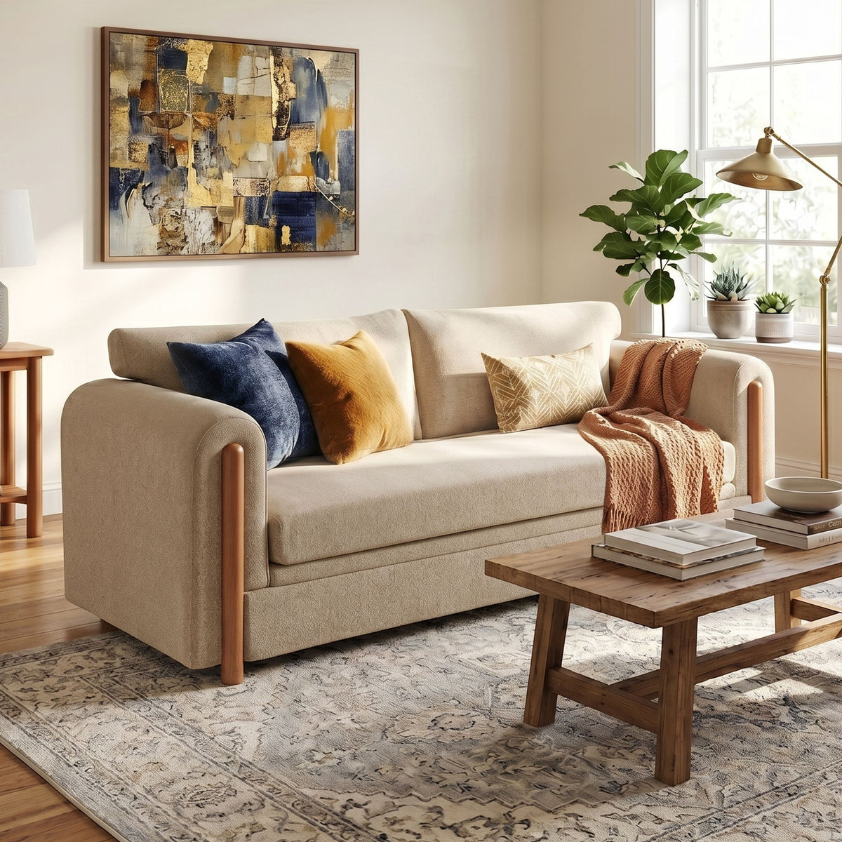 3-seater upholstered couch in light beige with wooden arms and decorative pillows